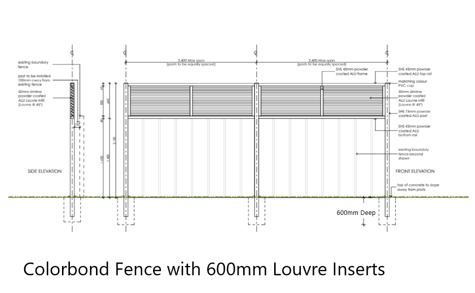 Architectural drawing of a Colorbond fence with louvre inserts